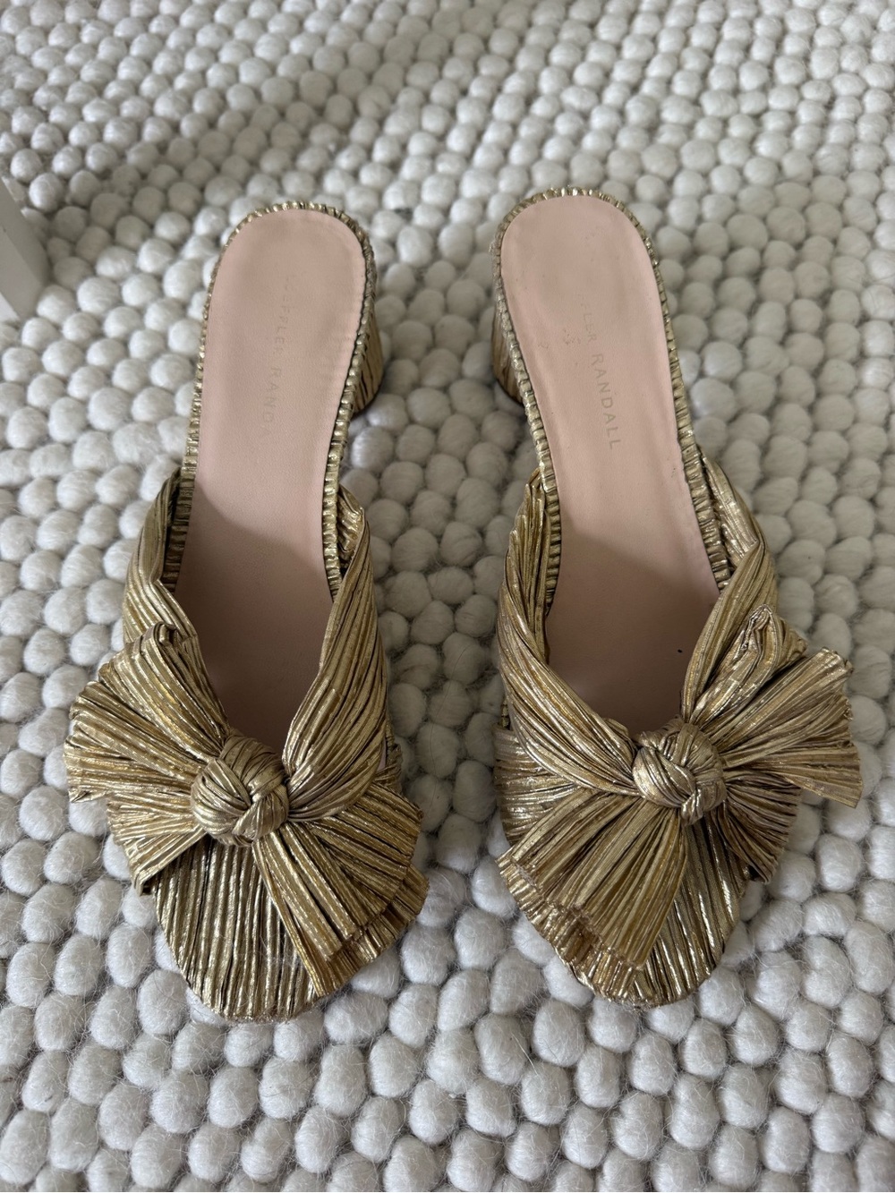 Loeffler Randall Gold Pleated Knot Slide Heels - Picture 2 of 10